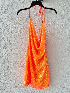 PrettyLittleThing Orange Disk Sequin Cowl Halter Neck Bodycon Dress size 10